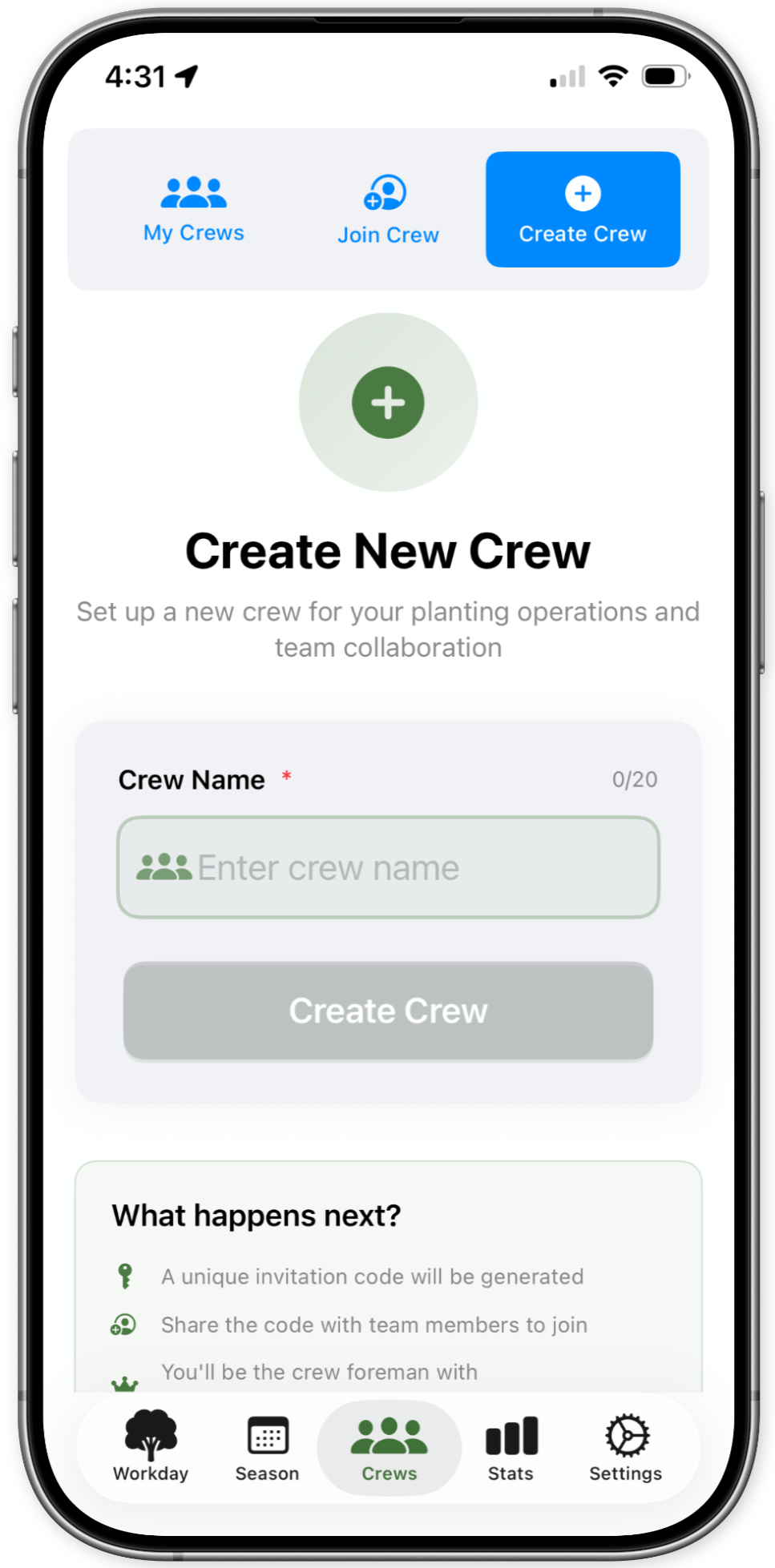 Create crews and invite your planters to join with unique invitation codes.